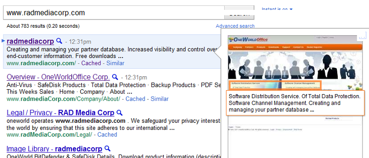 the Google instant preview when searching for radmediacorp.com the Google instant preview when searching for radmediacorp.com